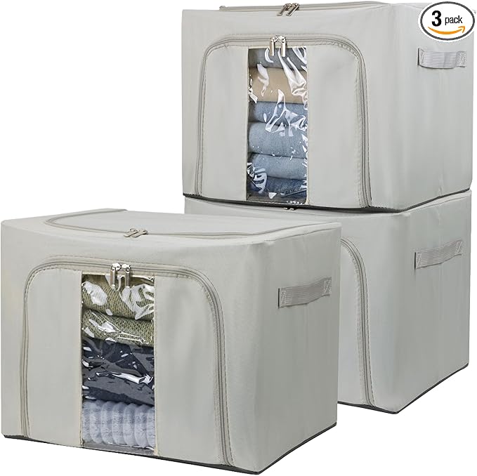 36L Clothes Storage Bins with Metal Frame, 3 Pcs Stackable Clothing Storage Boxes Containers with Lids, Foldable Oxford Fabric Clothes Organizer Bags Closet Organizers Organizing Bin for Sheet