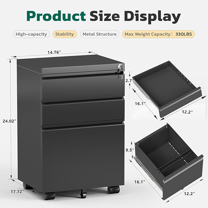 Greenvelly 3 Drawer Mobile File Cabinet with Lock, Fully Assembled Rolling File Cabinet Except Casters, Under Desk File Cabinet with Wheels for Home Office Fit Legal/Letter/A4 File (Assembled, Black)