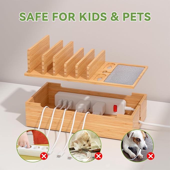 Pezin & Hulin Cell Phone Charging Station for Multi Devices, All in One Desktop Charger Organizer, with Power USB Charge Adapter and 6 Cables, Use As Power Strip Hidden Box -Natural Bamboo Color