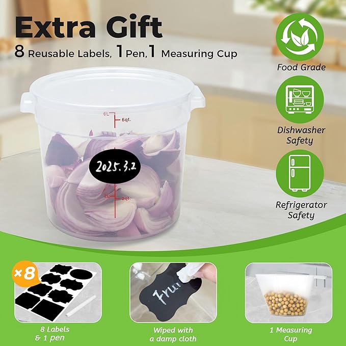 4 Pack Round Food Storage Containers with Lids, 6Qt Translucent Commercial Food Container, Polypropylene, BPA Free, Includes Labels & Measuring Cups