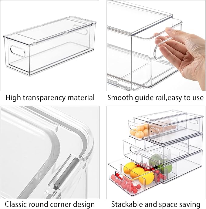 Mano Stackable Fridge Drawers Pull Out Bins with Handle Clear Refrigerator Drawers Organizer Food Storage Container Box with Dividers Plastic Produce Saver for Pantry, Cabinet, Kitchen, Clothes（7Pack）
