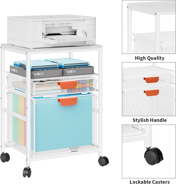 Marbrasse Rolling File Cart with Handle, Mobile File Cabinet on Lockable Wheels, Office Filing Cabinet Organizer, Printer Stand with Hanging File Folder Organizer for Home Office - White