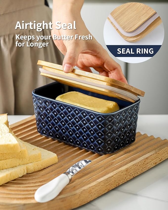 Hasense Ceramic Butter Dish with Lid, Large Butter Container for Countertop Airtight Butter Stick Covered Keeper,Navy Blue Embossed Pattern,Easy Clean Dishwasher Safe