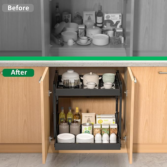 REALINN 2 Tier Pull Out Cabinet Organizer, 21 inch Depth Slide Out Shelves, Expandable 14"-22.5" Wide Heavy-Duty Cabinet Drawers for Kitchen Pots, Pans & Pantry Storage, Black