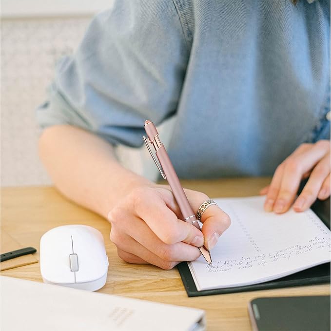 LINFANC 12 Pack Rose Gold Ballpoint Pen with Stylus Tip, 1.0 mm Black Ink Smooth Writing Pens, Metal Stylus Pens for Touch Screens