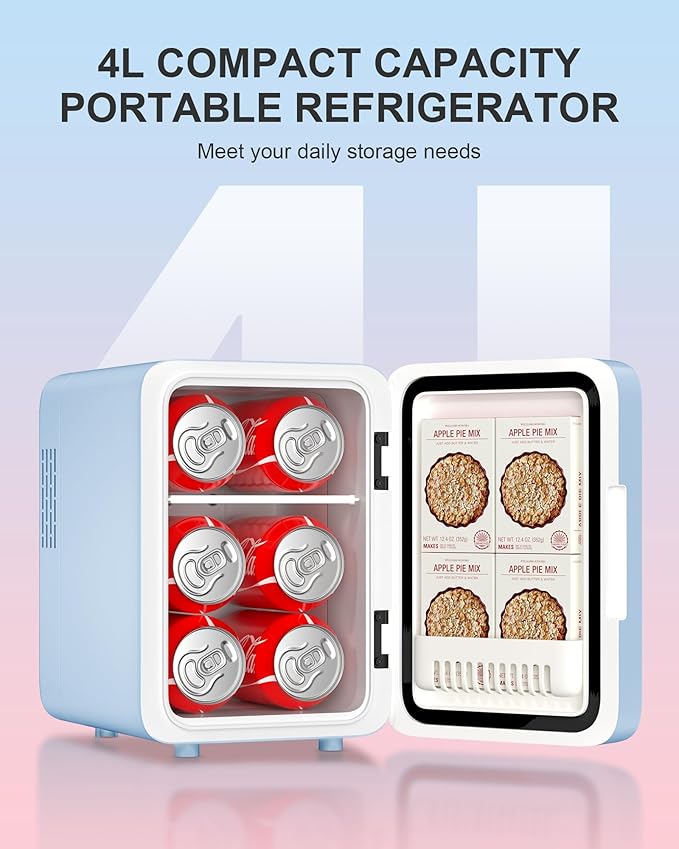 Skincare Fridge With Dimmable LED Light Mirror, 4L Makeup Mini Fridge for Bedroom, Car, Office & Dorm, Cooler & Warmer, Portable Small Refrigerator for Cosmetics, Skin Care and Food, Blue