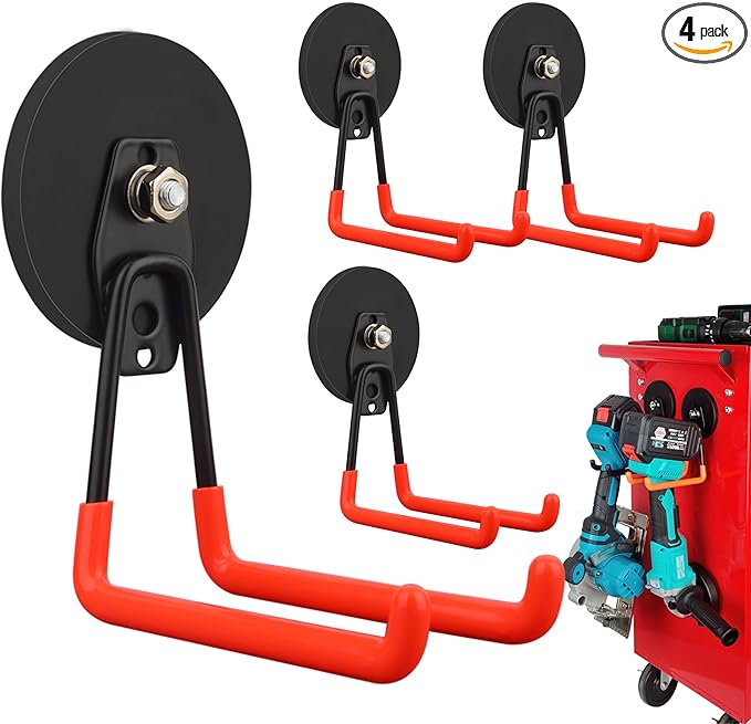 ULIBERMAGNET Strong Magnetic Hooks,Large Magnet with Hooks for Heavy Duty Tools,Jig Saw,Hose, 4 Pack Heavy Duty Magnetic Hooks for Hammer Drill,Circular Saw,Garden Tool(3.46inch/Orange)