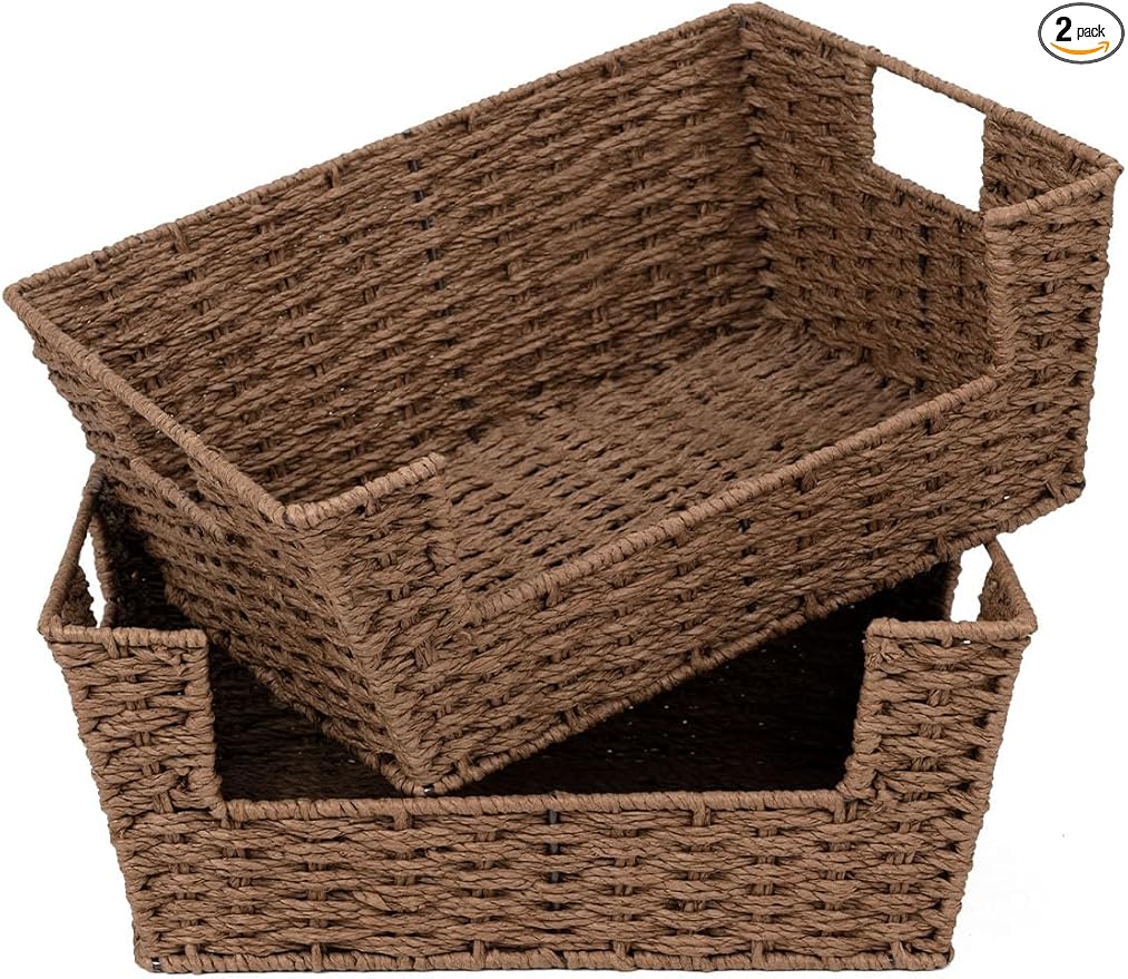 StorageWorks Round Paper Rope Woven Basket for Pantry Organizers and Storage, Stackable Pantry Storage Baskets for Shelves, Brown, 2-Pack