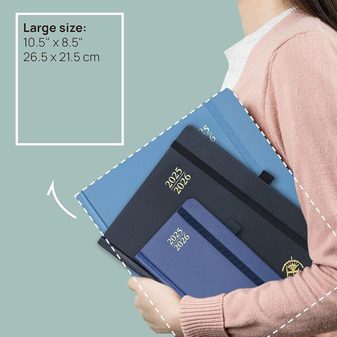 POPRUN Planner 2025-2026, (Large 8.5'' x 10.5'' Hard Cover) Academic Calendar (July 25-June 26) Daily Weekly and Monthly Appointment Book with Hourly Time Slots, Monthly Tabs, 100 GSM - Haze Blue