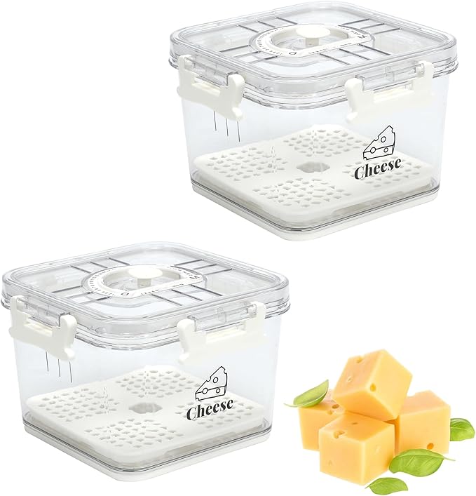 2 Pcs Cheese Container for Refrigerator,Cheese Keeper with Airtight Lid and Time Recording,Cream Block Shredded Cheeses Storage Box,Sliced,Grated,Cheddar Cheeses Box For Fridge,kitchen