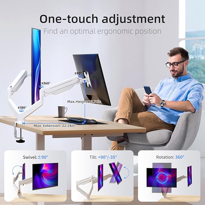 Suptek Dual Monitor Mount Stand-Height Adjustable Gas Spring Monitor Arm Desk Mount for 2 Monitor Screens 17 to 32 inches - Each Arm Holds up to 22lbs,White(MD8SPW)