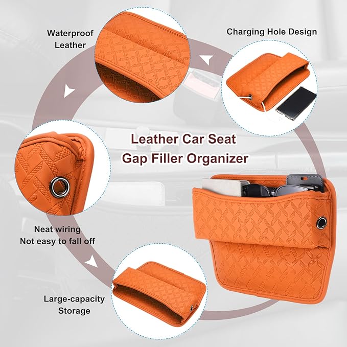 HARFINGTON 2pcs Car Seat Gap Filler Organizer 11.5 x 8 x 2.1 Inch Leather Universal Car Organizer Storage Box Between Seat and Console for Phone Sunglasses Keys, Orange