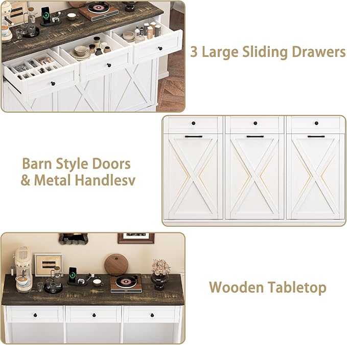 Farmhouse Tilt Out Trash Cabinet, Triple 13 Gallon Wooden Kitchen Trash Can Cabinet with Hideaway Drawer, Freestanding Garbage Recycling Cabinets, Pet Proof, Power Outlets, 59 Inch, White