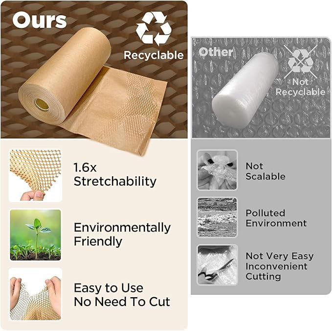 Honeycomb Packing Paper, 12"x150' Brown | Perforated Honeycomb Packing Paper Recyclable Moving Supplies for Shipping & Moving | Plastic-Free Alternative to Bubble Cushion Wrap with 36 Fragile Stickers