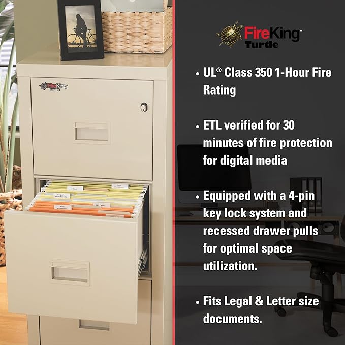 FireKing Turtle Vertical 4 Drawer Legal and Letter Fire Safe File Cabinet with Key Lock, 1 Hour Fire Rated, UL Rated & Water Resistant Home Safe, Filing Cabinet, Made in The USA, Black