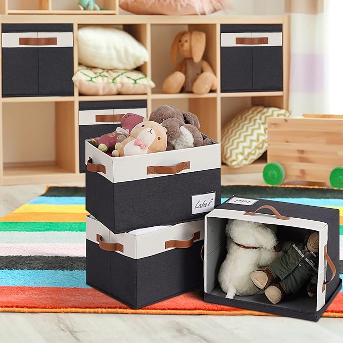 GhvyenntteS Fabric Storage Bins with Lids 6 Pack, Foldable Fabric Storage Baskets with Lid and Handles, Large Closet Organizers and Storage boxes with Label for Home Office (Black, 15" x 11" x 9.7")