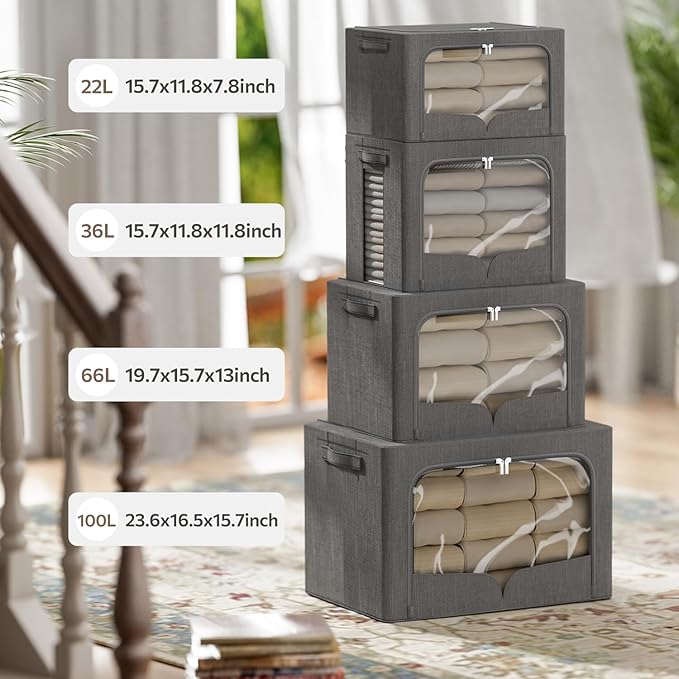 FHSQX 3 Pack Extra Large Clothes Storage Bins Foldable Metal Frame Storage Box Stackable Linen Fabric Organizer Set with Carrying Handles and Clear Window (Dark Gray, 23.6x16.5x15.7inch(100L))