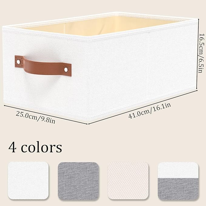 OUTBROS Fabric Storage Boxes, Foldable Bins With Handles, Wardrobe Baskets for Organizing, For bedrooms, living rooms, Shelves, White, 16.1 x 6.5 x 9.8 inch, 6-Pack
