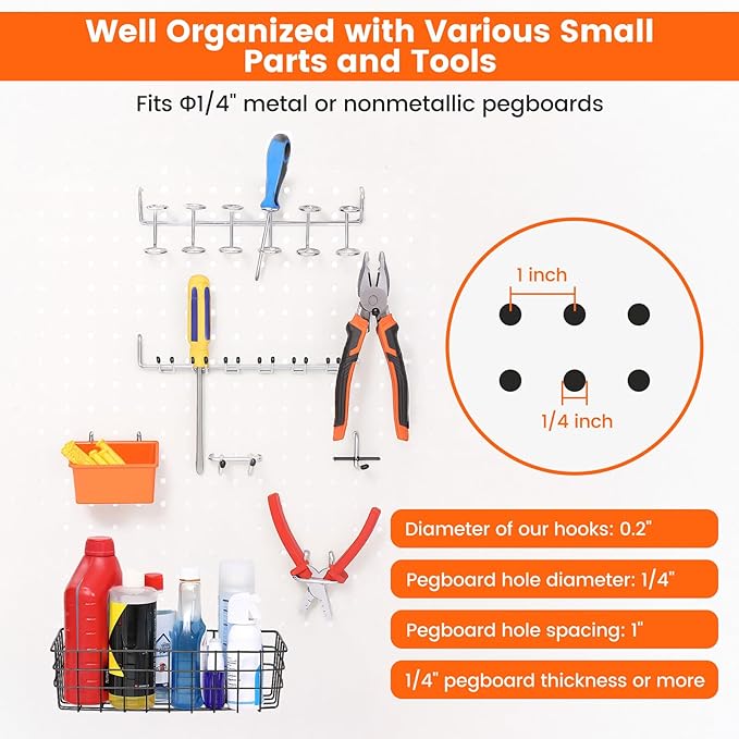 Pegboard Organizer Accessories Kit 155 PCS, Peg Board Hooks Assortment with Bins, Baskets for 1/4 inch Pegboard Wall Organizer, Garage Organization, Workbench, Craft Room, Hanging Tools