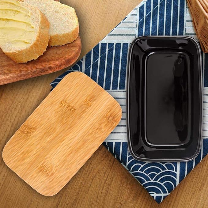 Butter Dish with Lid,Extra Large 650ml,Porcelain Keeper with Bamboo Lid Cover for 2 Sticks of Butter,Microwave Safe Easy Clean Butter Storage Container for Countertop Refrigerator (Black)