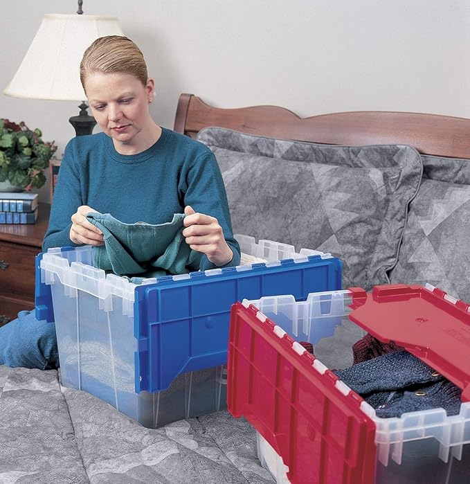 Akro-Mils KeepBox 12 Gallon Storage Container, Nesting and Stackable Plastic Storage Box with Lid Attached, Clear Tote for Garages, Closets, and Moving, 21-1/2" x 15" x 12-1/2", Clear/Red