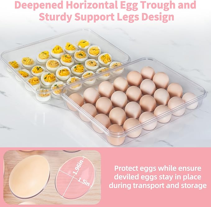 Deviled Egg Containers with Lid and Handle, Durable Clear Plastic Deviled Egg Carrier Storage 24 Eggs, Stackable Egg Holder for Fridge, Portable Tray Platter for Party & Picnics-1 Pack Pink