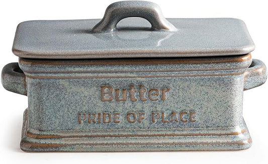 Butter Dish with Lid, Ceramic Butter Holder Container Large Butter Dish for Countertop Farmhouse Thanksgiving Christmas Decor Butter Keeper for East West Coast Butter, Gray