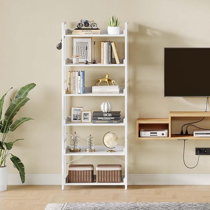 Rolanstar Bookshelf 6 Tier with 4 Hooks, Industrial Wood Bookcase, Vintage Storage Rack with Open Shelves, Rustic Standing Bookshelves Metal Frame Display Rack for Living Room, Bedroom, White