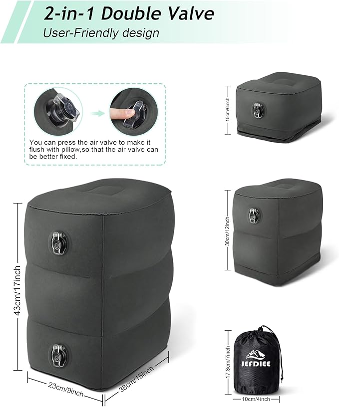 JefDiee Inflatable Travel Foot Rest Pillow, Kids Airplane Bed, Adjustable 3 Layers Height Leg Rest Pillow, Adults Travel Essentials Great for Airplane, Office, Home, Trains, Cars (2 Pack-Dark Grey)