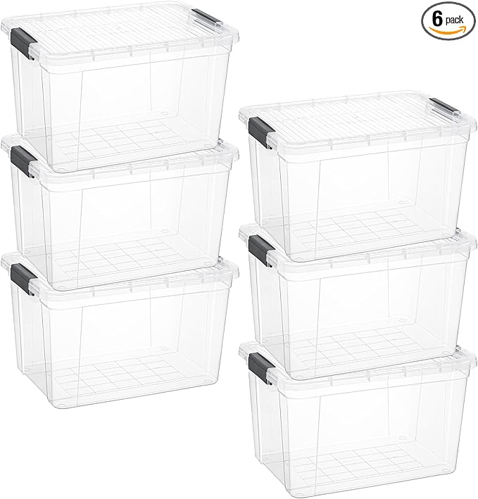 Superio Clear Storage Boxes with Lids, 26 Quart Plastic Container Bins for Organizing, Stackable Crates, BPA Free, Non Toxic, Odor Free, Organizers for Home, Office and Dorm, 6 Pack