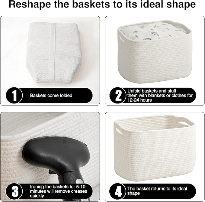 Storage Baskets for Organizing & Shelves, Woven Cotton Rope Organization Bins for Dog Toys, Clothes, Books, Nursery Organizer, 15" Lx11''Wx9.5''H, (4 Packs) Off White