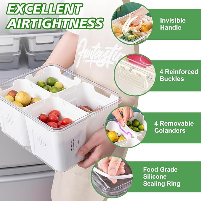 shopwithgreen Fruit Storage Containers for Fridge with Lid and Handle, Portable Fresh Produce Saver, Food Box Container with 4 Removable Colanders for Berry, Vegetable, Refrigerator Organizer Bins
