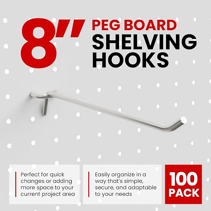 100 Pack PEG Board Pegboard Shelving Hooks 8" Length Wholesale Lot