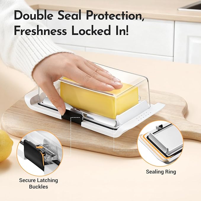 Butter Dish with Lid, IKOCO Large Butter Dish with Knife for Countertop and Refrigerator, Plastic Butter Holder Container Tray for 2 Sticks Butter, White