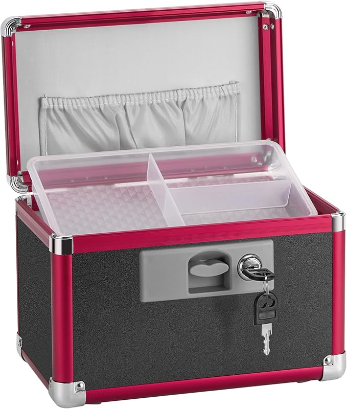 Medicine Lock Box for Safe Medication - 10 x 6 x 6.7 Inches - Lockable Storage Box for Drugs, First Aid Kit Empty, Lock Boxes with Key for Home/Outdoor (Black & Red/Small)