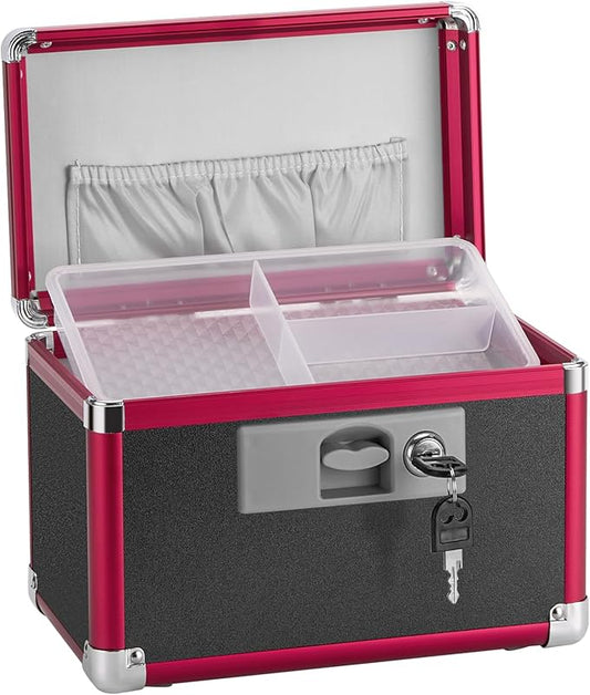 Medicine Lock Box for Safe Medication - 10 x 6 x 6.7 Inches - Lockable Storage Box for Drugs, First Aid Kit Empty, Lock Boxes with Key for Home/Outdoor (Black & Red/Small)