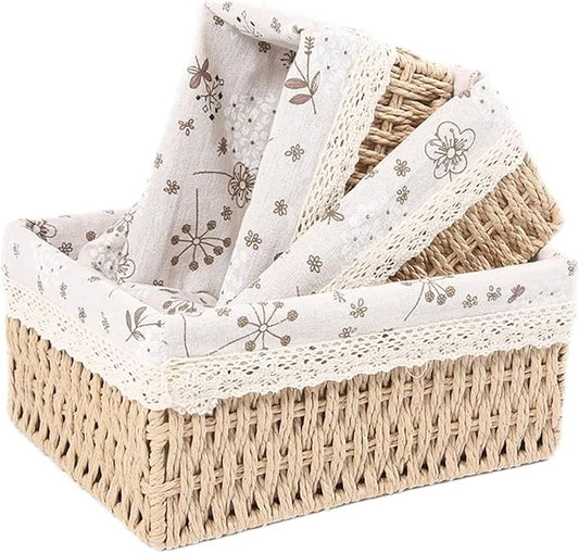 YRMT Storage Baskets Set of 3,Decorative Paper Rope Woven storage Baskets with Liner,Rectangular Storage Bins Container for Makeup Bedroom Shelves Organizing,Home Deco, Beige