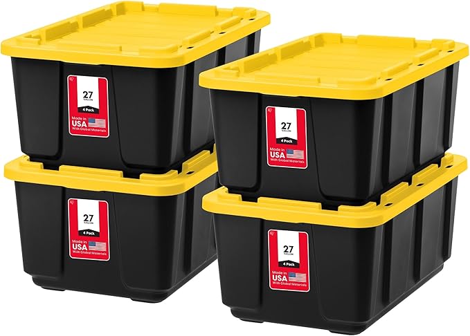 IRIS USA 27 Gallon Heavy Duty Truck Bed Toolbox Storage Tote Bins with Lids, 4 Pack - Made in USA, Tough Snap On Lockable Lid Stackable Industrial Tubs, Garage Organization Reusable Box - Black/Yellow