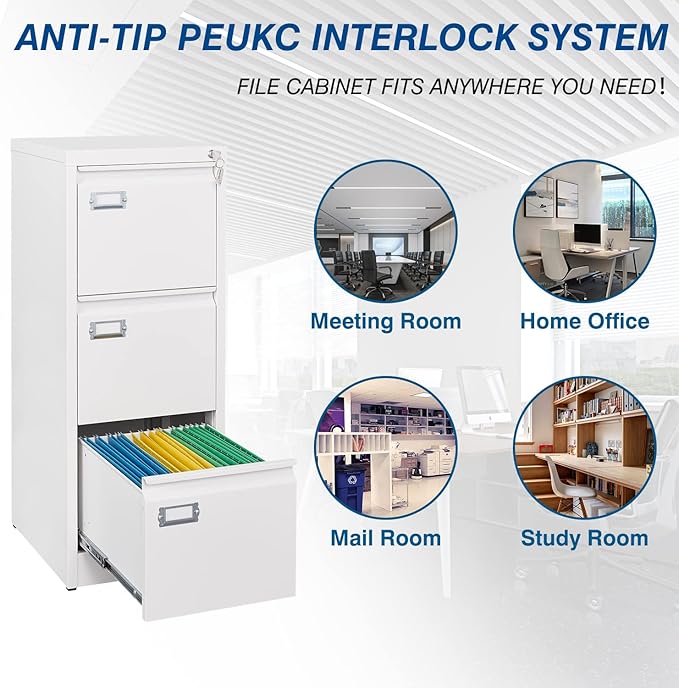 3-Drawer File Cabinet with Lock, 16.3" Deep Vertical Filing Cabinets, Metal File Cabinets for Home Office, Anti-Tip 3 Storage Drawers for Letter/Legal/A4/F4 Size (Assemble Required, White)