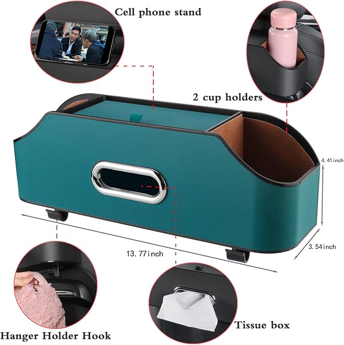 Car Seat Back Organizer - Stylish & Functional Storage for Family Adventures - Cup Holders, Tissue Box & Hooks - Perfect for Kids, Road Trips & Travel (Navy Blue)