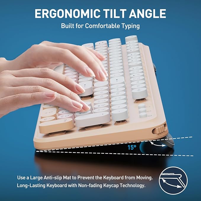 Wireless Keyboard and Mouse Combo, 105 Round Keys Full-Size Cute Colorful Pink Cordless Keyboard and Mouse with Retro Typewriter for PC/Mac/Laptop/Tablet/Computer/Windows Pink