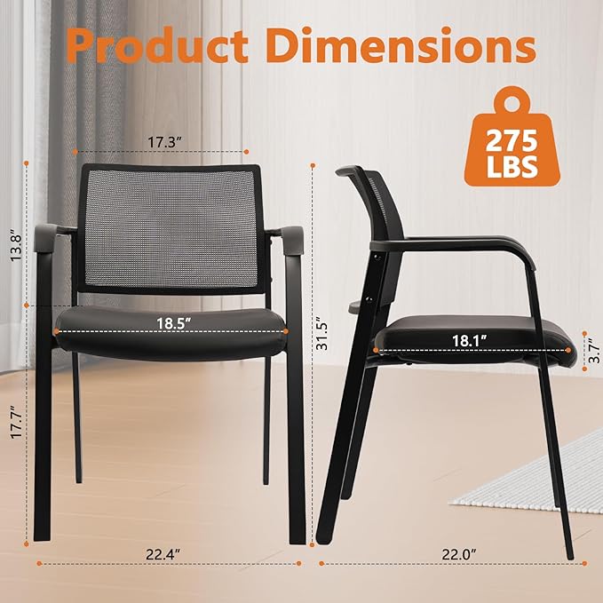 CLATINA Stackable Office Chair, Mesh Back Guest Chairs with Comfortable Leather Seat Arms Stacking Ergonomic Desk Chair No Wheels for Conference Waiting Reception School Stationary, Black, Set of 4
