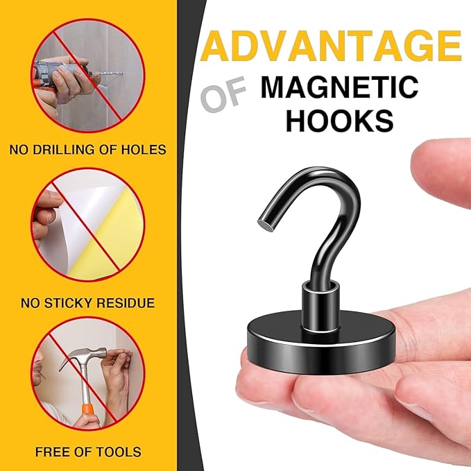 DIYMAG Black Magnetic Hooks, 170 LB Heavy Duty Strong Magnets with Hook, Rare Earth Neodymium Magnet for Cabins Cruise Ship Essentials 8 Packs