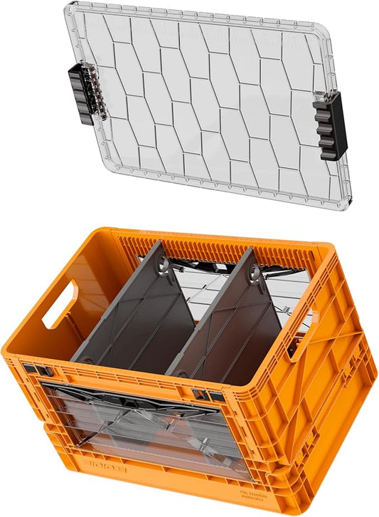 SIDIO Full-Size Collapsible Crate - Heavy Duty Stackable Storage Bin with Lid & 2 Short-Ways Dividers, Durable Plastic Organizer for Home, Office, Garage & Outdoor Use (Orange)