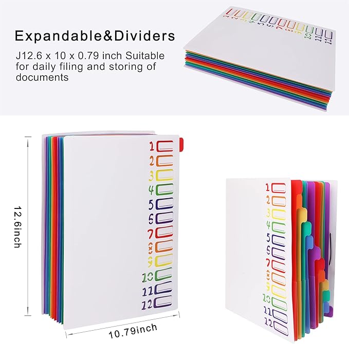 Rainbow Tab Expanding File Folder - 24 Pockets, Durable A4 Letter Size Organizer, Water-Resistant Plastic Dividers, Home/Office/School Document Holder (White）