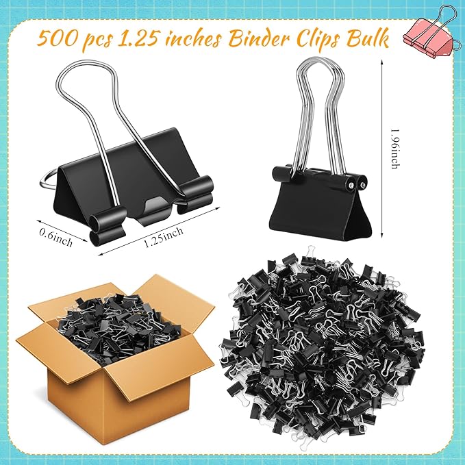 Jetec 500 Pieces 1. 25 Inch Black Binder Clips Bulk Large Paper Clamps Metal Paper Clips for Teachers Students Classroom Business Office and School Office Supplies