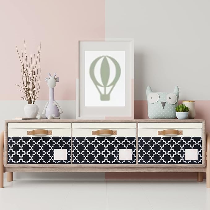 GhvyenntteS Fabric Storage Bins with Lids 3 Pack, Foldable Fabric Storage Boxes with Lids and 3 Handles, Sturdy Closet Organizers and Storage Bins with Label Window for Home (White&Lattice Black)