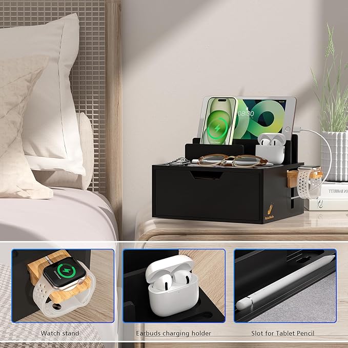 Pezin & Hulin Bamboo Charging Station for Multi Device, with Power Charger & Cables, Nightstand Docking Station with Lined Tray & Drawer, Compatible with Tablet, Cell Phones-Black