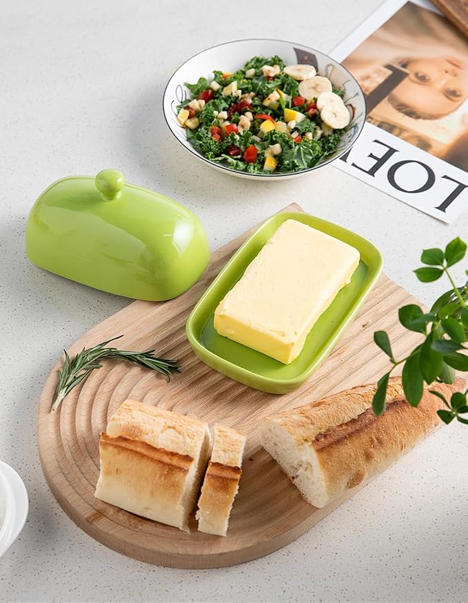 Sweejar Ceramic Butter Dish with Lid for Countertop,Porcelain Butter Keeper with Knob Handle,Butter Container for East/West Coast Butter, 7.1*3.7 inches (Green)