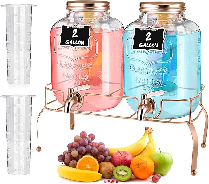 Lallisa 2 Pcs 2 Gallon Glass Drink Dispenser with Stand Ice Cylinder Hanging Chalkboard Signs 18/8 Stainless Steel Spigot Beverage Dispensers for Parties Mason Jar Drink Lemonade (Rose Gold)